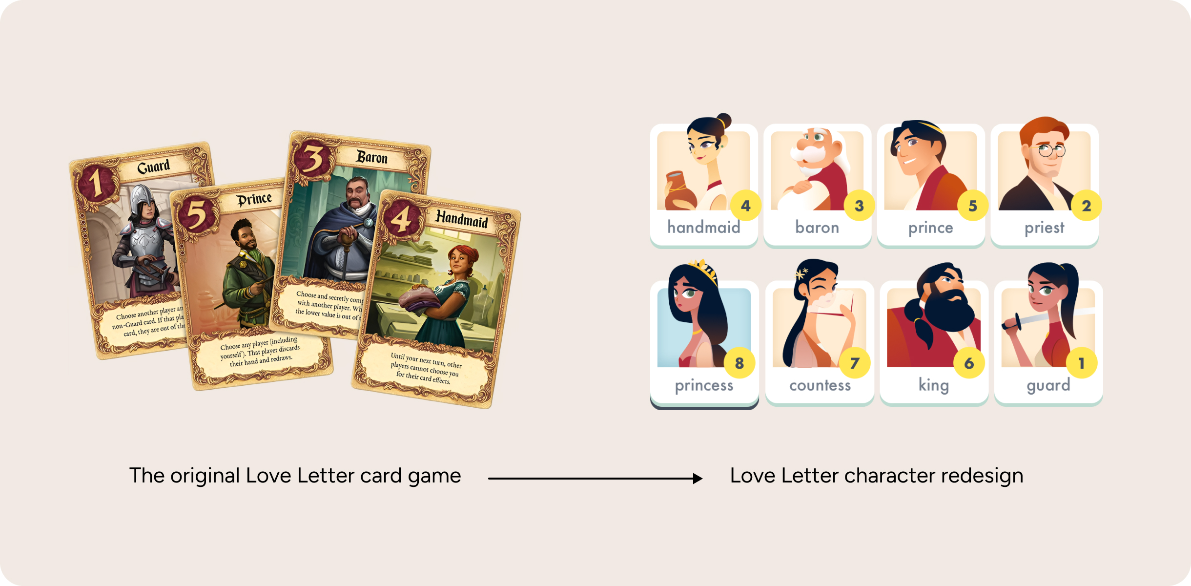 Original card design compared to new Love Letter character redesign