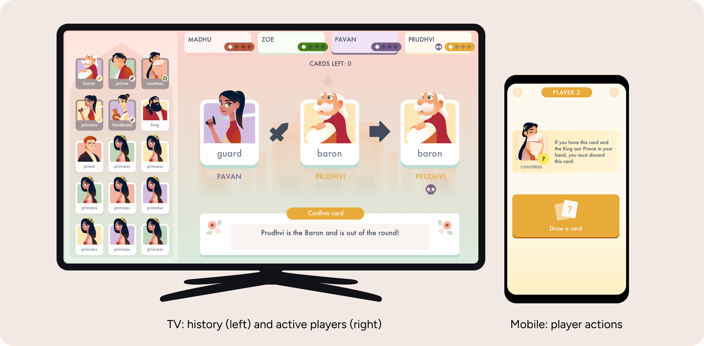 TV: history (left) and active players (right), Mobile: player actions